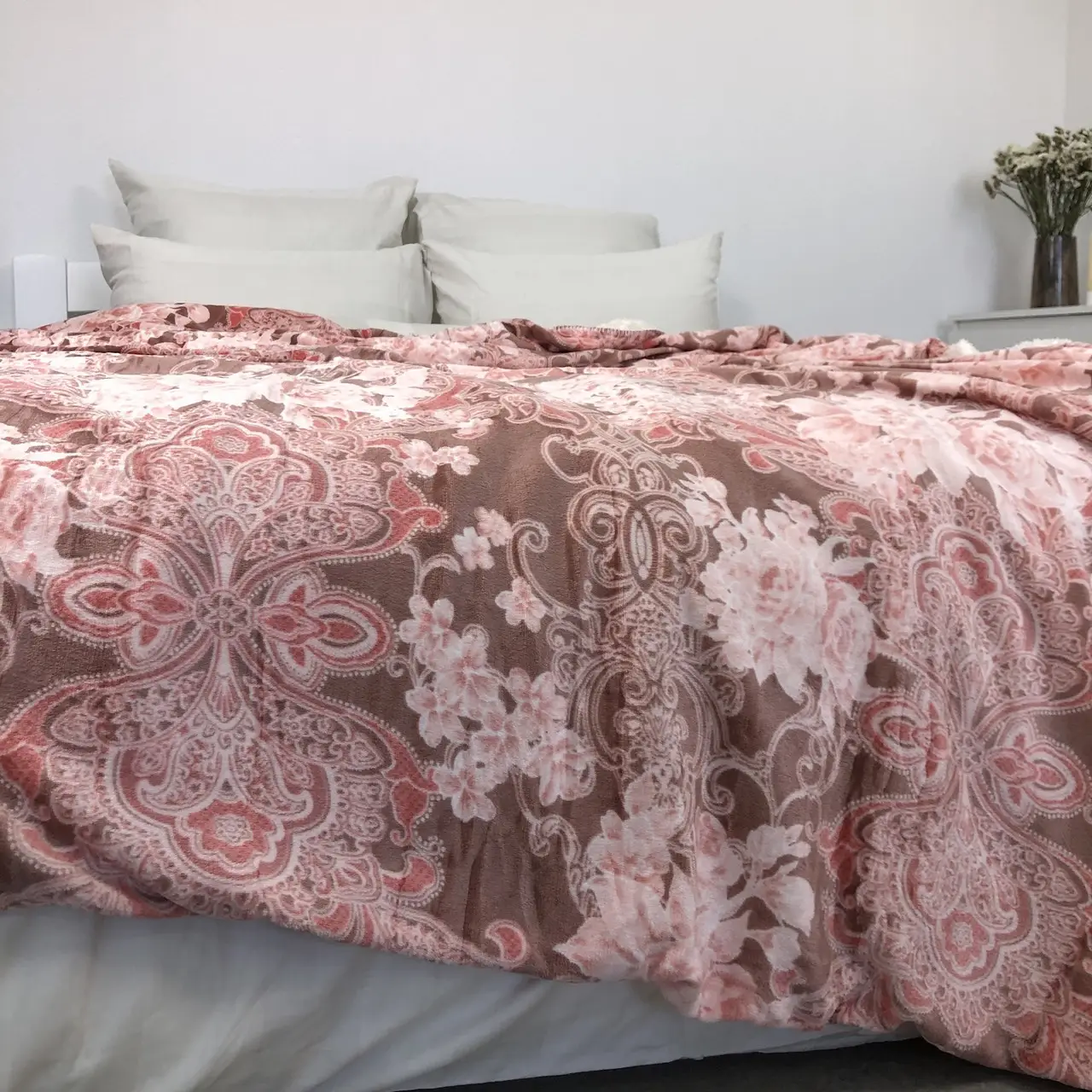 Плед покривало з овчинкою Vie Nouvelle 215×235 рожеві квіти